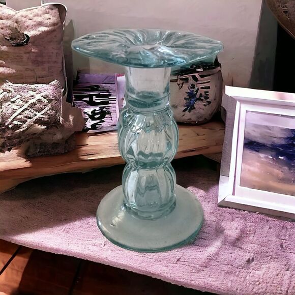 Hand Blown Art Glass Candlestick Holder Taper SINGLE ICY Blue Mexico Beachy Vtg. - Picture 11 of 13